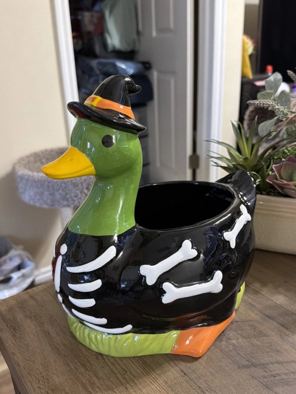 Jack O' Lantern Lane Ceramic Skeleton Witch Duck Candy Bowl